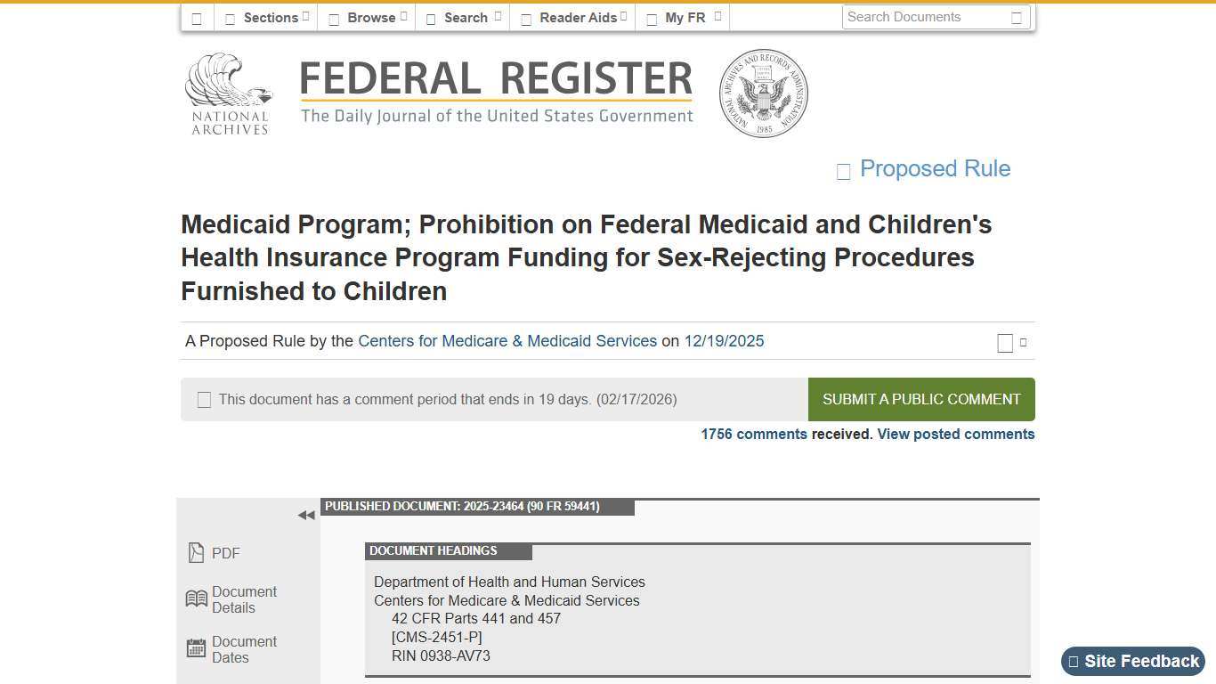 Federal Register :: Medicaid Program; Prohibition on Federal Medicaid and Children's Health Insurance Program Funding for Sex-Rejecting Procedures Furnished to Children